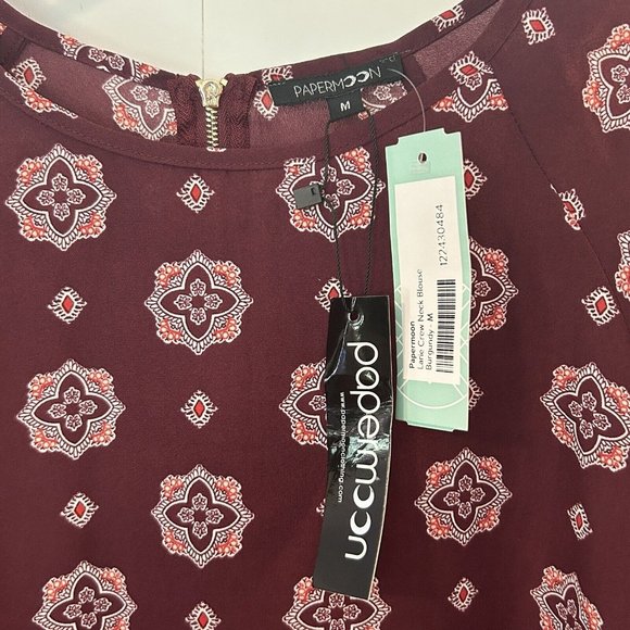 Papermoon Size M Womens Blouse Larie Crew Neck Burgundy Print Loose Sleeves -NEW - Picture 4 of 8